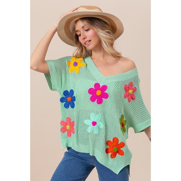 BiBi Flower Patches Dolman Sleeves V-Neck Lightweight Relaxed Fit Sweater | Sage - Picture 4 of 8